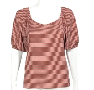 Ann Taylor LOFT Striped Red Pink Puff Short Sleeve Crepe Top sz S /078 - Picture 1 of 5