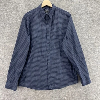 H&M Shirt Men L Large Blue Polka Dot Button Up Collared Long Sleeve Slim Fit - Image 1 of 4