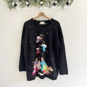 Vintage Christmas Sweater Nativity Scene Manger Angel Large Sequin Embroidery  - Picture 1 of 5
