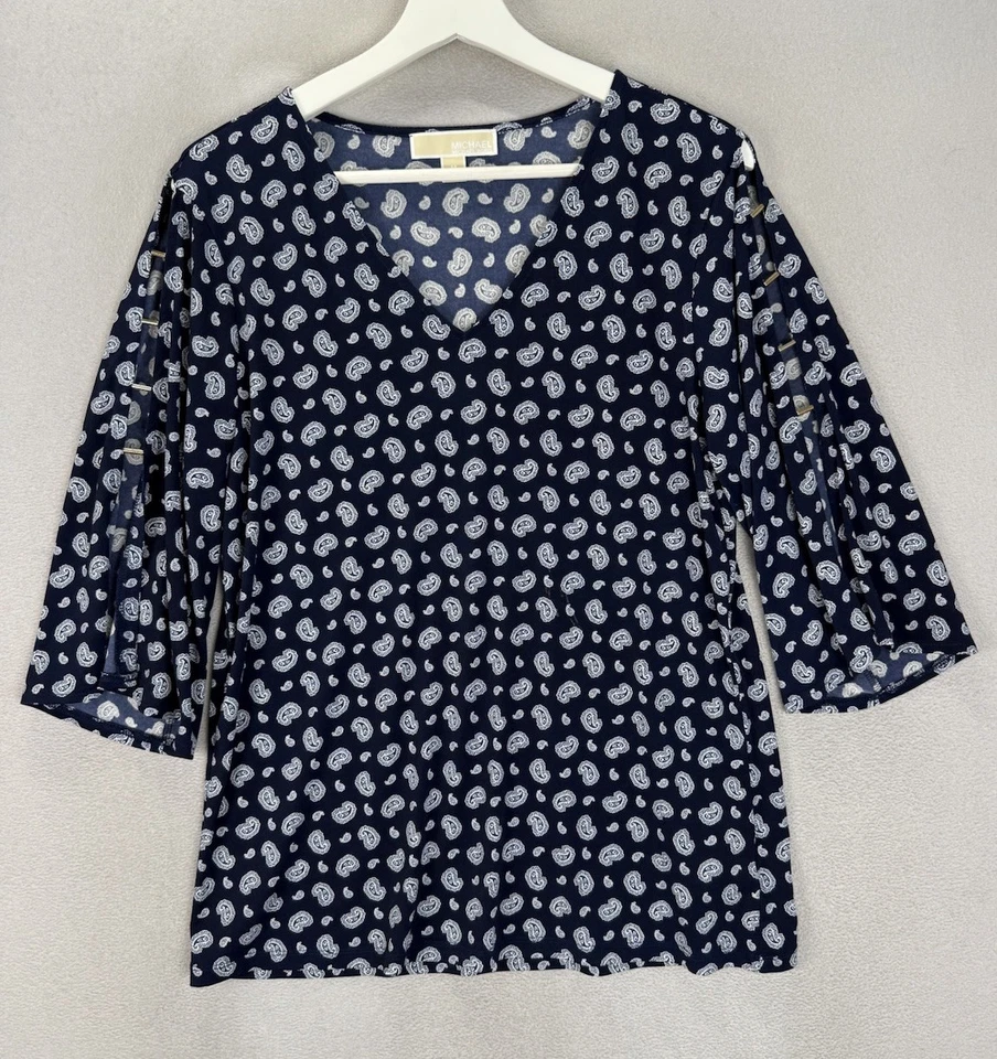 Michael Kors Women’s Sz M Blue & White Paisley Prints Peek A Boo Sleeve Blouse - Image 1 of 4