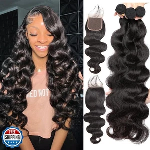Omiliyah Body Wave Human Hair Bundles with Closure (16 18 20+14) 4x4 HD Lace - Picture 1 of 5