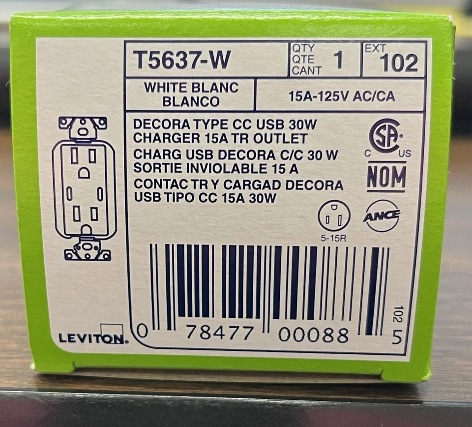 Leviton T5637-W Blanco Decora USB 30w Cargador Receptáculo Resistente a Manipulaciones Foto 1 de 1