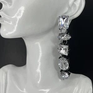 Chunky Rhinestone Earrings Clear Silver Tone Pierced Long Dangle Vtg 90s Style - Picture 1 of 8