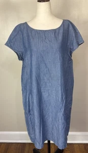 Eileen Fisher Sz L Blue Chambray Boat Neck Shirt Dress Short Sleeve ZipBack Mini - Picture 1 of 10