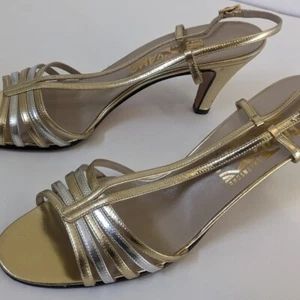 Salvatore Ferragamo Tiffany Slingback Strappy Gold Leather Sandals 8 Vintage - Picture 1 of 8