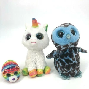Lot of 3 Ty Beanie Boos TySilk PIXY Unicorn YAGO Owl TIGGY Plush Stuffed Animal - Picture 1 of 11