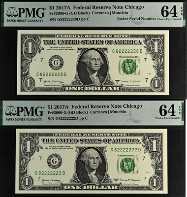 2017A $1 FRN PMG 64EPQ 2 notes super radar 82222228 & near solid serial 82222222 - Image 1 of 4