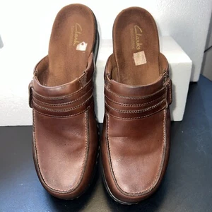 Clarks Bendable brown leather slip on mule/clog Women’s Sz 9 - Picture 1 of 14
