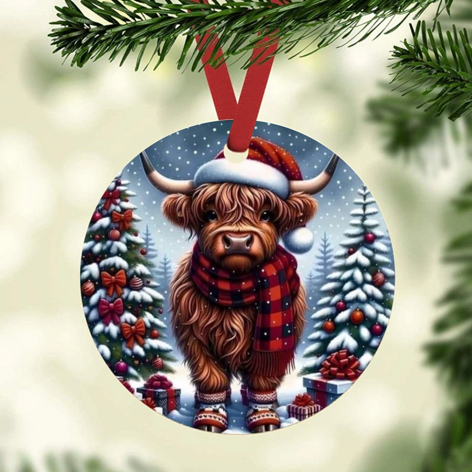 CHRISTMAS HIGHLAND COW WINTER SNOW ART CUSTOM METAL ORNAMENT GIFT TAG 3.5" - Image 1 of 1