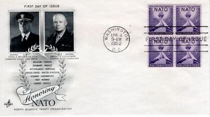 USPS 1952 3 cents #1008 3¢ NATO First Day Cover ArtCraft Block of 4 ST3319 - Picture 1 of 3