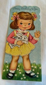 Vintage Used Gibson Child's Metallic Birthday Card Girl w Bunny Happy Birthday