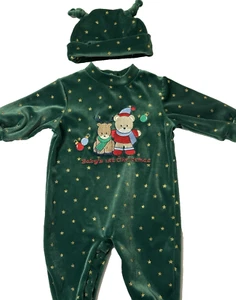 Vintage 0-3 Month Simply Basic Baby’s First Christmas Bear Green Jumpsuit W Hat - Picture 1 of 8