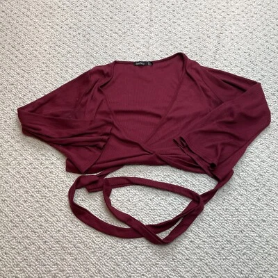 Boohoo Cropped Top Womens 10 Red Ribbed Tie Waist Long Sleeve Wrap Jacket Solid - Image 1 of 4