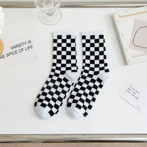 New Black & White Checkered Tartan Crew Knit Socks for Women - Picture 1 of 3