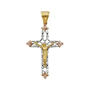 14K Tri Color Gold Cubic zirconia Religious Crucifix Pendant For Necklace - Picture 1 of 4