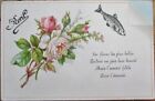 1st/First of April/Premier Avril 1890 Trade Card: Fish & White Rose-Flowers-Poem