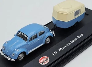 Model Power 1/87 HO Blue/White Volkswagen VW Beetle w/Camper Trailer - Brand New - Picture 1 of 7