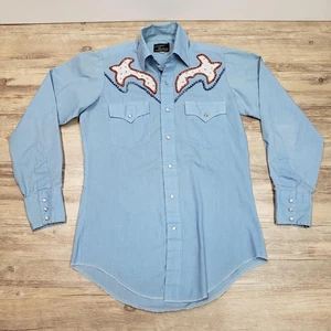 Vintage Champion Westerns Shirt Mens 14.5 Blue Embroidered Yoke Pearl Snap 70s - Picture 1 of 10