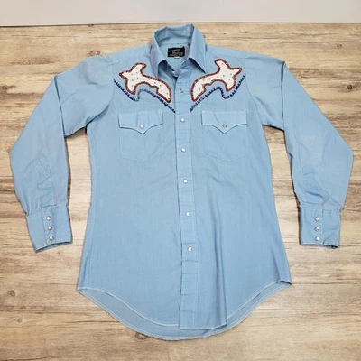 Vintage Champion Westerns Shirt Mens 14.5 Blue Embroidered Yoke Pearl Snap 70s - Image 1 of 4