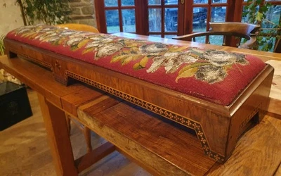 Antique Victorian long beaded tapestry Footstool kneeler inlaid wooden base 4ft2 - Image 1 of 4