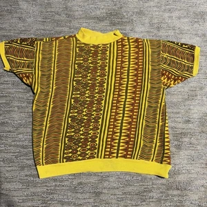 Suéter vintage 1970 Healthknit manga corta: patrón geométrico amarillo y marrón - Imagen 1 de 7