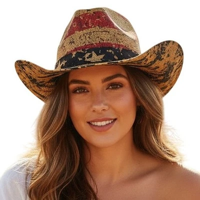 Chapéu de cowboy moda palha papel manchado chá bandeira americana aparência vintage novo com etiquetas - Imagem 1 de 4
