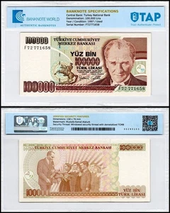 Turkey 100000 Lira, L.1970 (1997 ND), P-206, Used Authenticated - Picture 1 of 1
