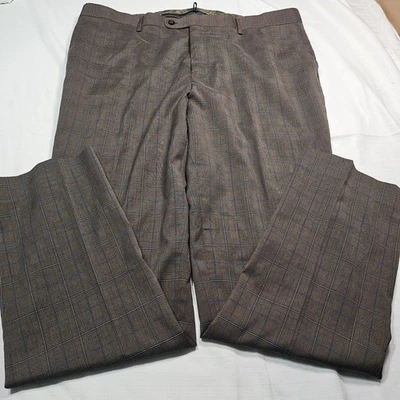 Angelo Rossi Performance Stretch Plaid Dress Pants Men Size 42x34 Brown Blue - Image 1 of 4