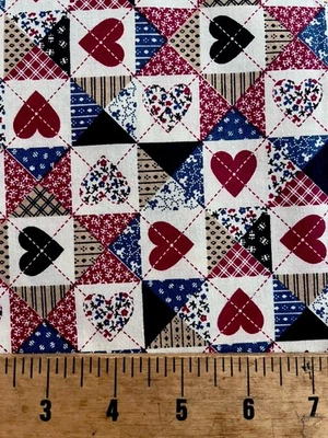 Vintage Fabric Traditions 1992 Patchwork Country Hearts Quilting Cotton 25"x45" - Image 1 of 2