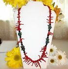 Vintage Turquoise Chunk & Coral Branch Necklace 27" Long Strand
