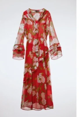 Vestido midi Zara rojo estampado floral manga larga con volantes talla pequeña Foto 1 de 4