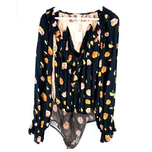Free People Poppy Printed Black Combo Bodysuit Long Sleeve Lace Med. NWT - Picture 1 of 10