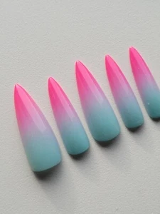Custom Gel Press on Nails fake nails Handmade 10 pc set MEDIUM neon pink ombre - Picture 1 of 12