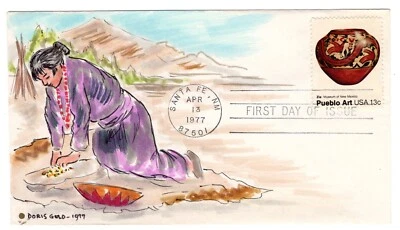 #1706 Pueblo Art Native American 1977 FDC - Doris Gold Hand-Painted UNIQUE - Image 1 of 2