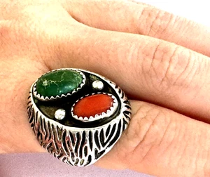 Native American Turquoise Red Coral Men's Ring 23.63gr Sterling Silver Size 7.75 - Picture 1 of 13