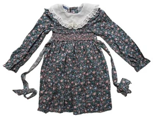 Polly Flinders 6X Hand Smocked VTG Girl Long Sleeve Dress Prairie Waist Tie 6610 - Picture 1 of 11