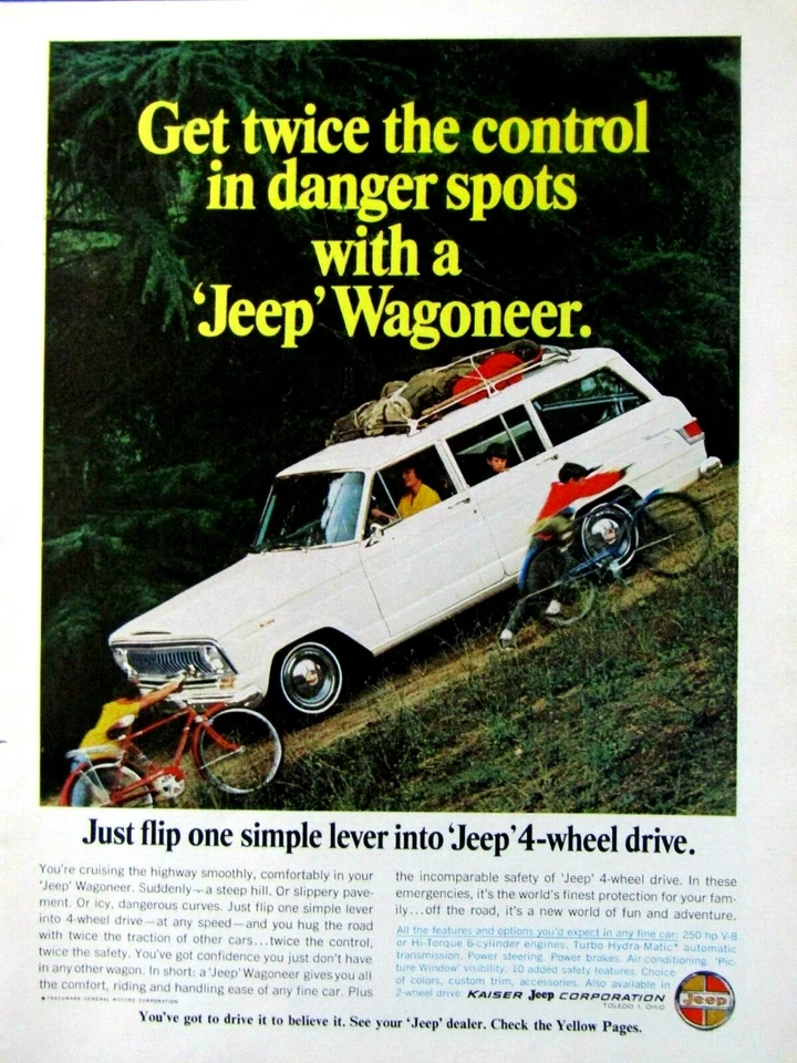 Jeep Wagoneer 1966 de colección dos veces el control en peligro anuncio impreso original 8,5 x 11" Foto 1 de 4