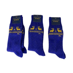 NEW Lot Of 3 Polo Ralph Lauren Wool Reindeer Socks Blue Yellow Mens Size 6-12.5 - Picture 1 of 9