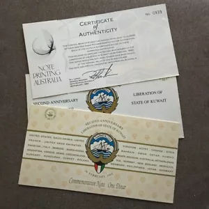 Kuwait 1 dinar 1993 UNC conmemorativo en carpeta con certificado de autenticidad impreso en Australia - Imagen 1 de 4