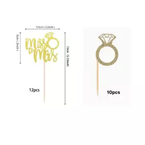 12pc Miss & Mrs Gold Cupcake Toppers and 10pc Ring Wedding Bridal Shower - Picture 1 of 4