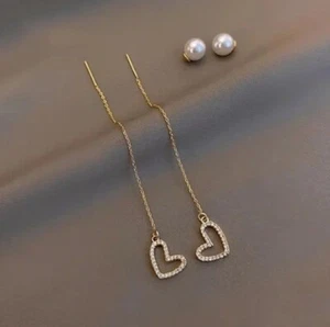 Heart Shaped Simulated Pearl & Moissanite 10K Yellow Gold Drop-Dangle Earrings - Picture 1 of 4