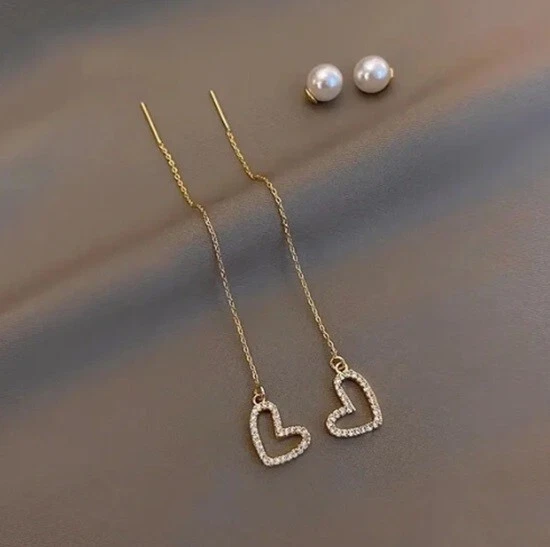 Heart Shaped Simulated Pearl & Moissanite 10K Yellow Gold Drop-Dangle Earrings - Image 1 of 4