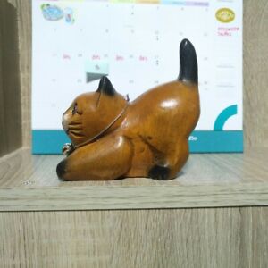 Wooden Cat Tail Up Hand Carved Rain Tree Wood Home Decor Collection Gift So Cute