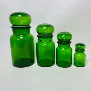 Vtg Green Glass Apothecary 4 Jar Set with sealed Bubble Top Lid Made in Belgium - Picture 1 of 11