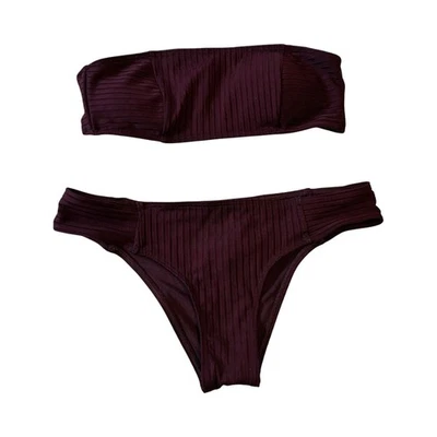 Conjunto de bikini Abercrombie & Fitch borgoña acanalado sin tirantes traje de baño XS Foto 1 de 4