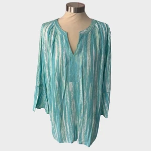 Gloria Vanderbilt Womens XL Nova Viscose Top Stripe V Neck Aqua Blue - Picture 1 of 9