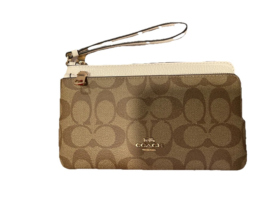 Coach Double Zip Wristlet Wallet Clutch Signature Canvas Khaki Chalk C5576