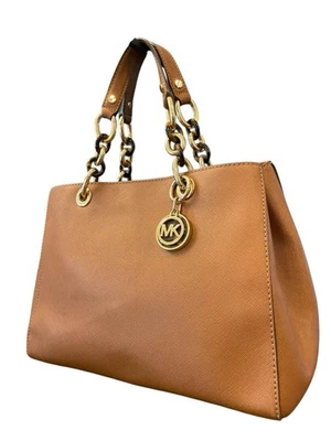 MICHAEL Michael Kors Tan Brown Leather Met Cynthia Tote Bag Gold Tome Tortoise - Image 1 of 4