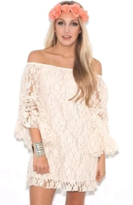 Vestido túnica grande Elan para mujer encaje romántico mini hombro marfil  Foto 1 de 4