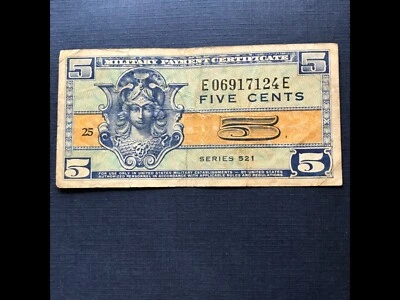 5 Cent 1954 Military Payment Certificate Series 521 Soldier Currency Money  - Image 1 of 2